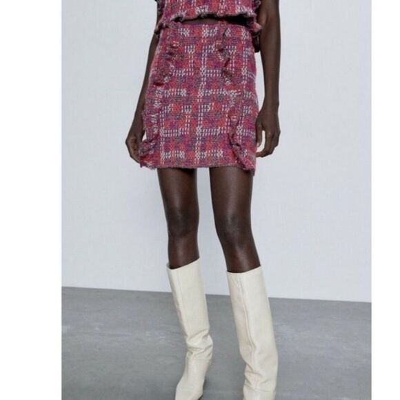 Zara Knit Tweed Ruffle Mini Skirt Orange and Purple Stretch Women’s Size Small - Picture 2 of 9